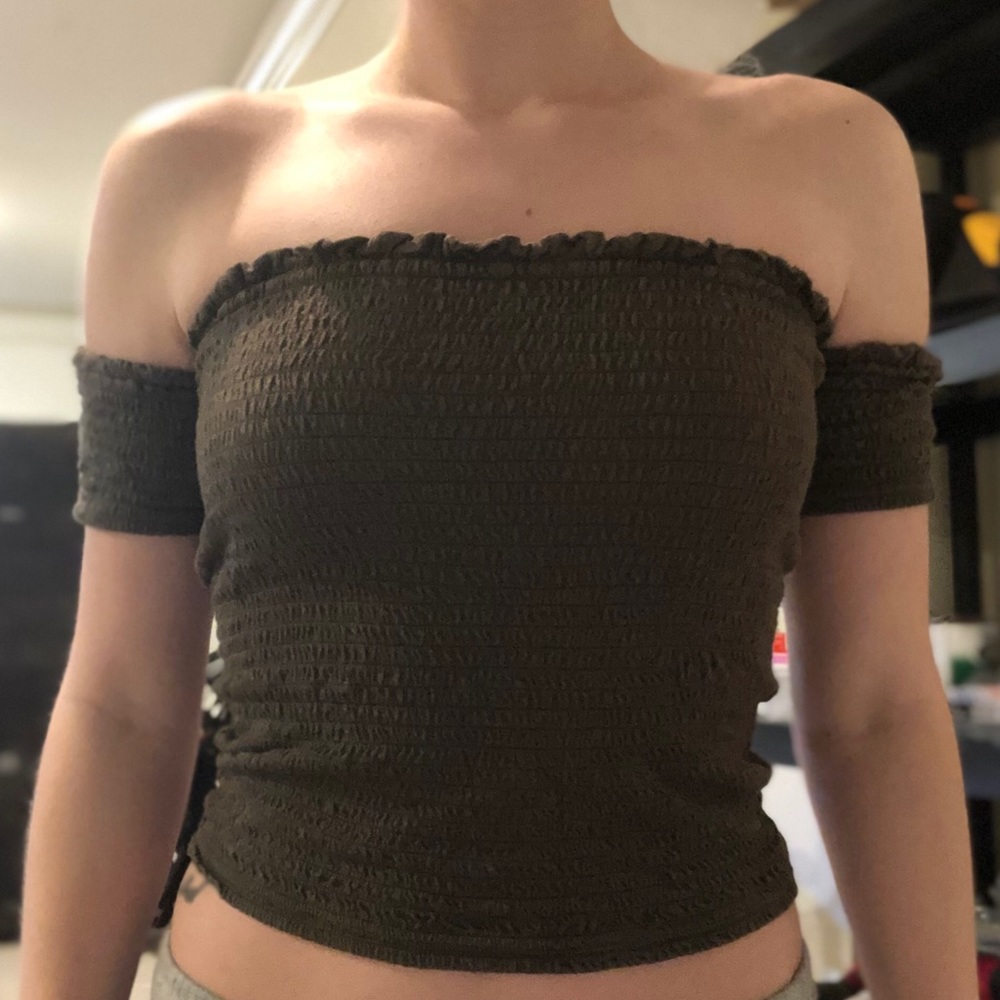 Off shoulder army green top